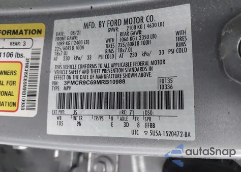 2021 Ford Bronco Sport Outer Banks z USA, uszkodzony, nr VIN 3FMCR9C69MRB10988